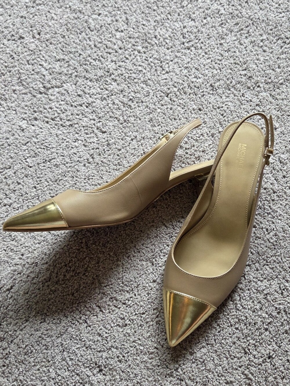 MICHAEL Michael Kors Camel Slingback Kitten Heels Metallic Toe, Size 9 Formal